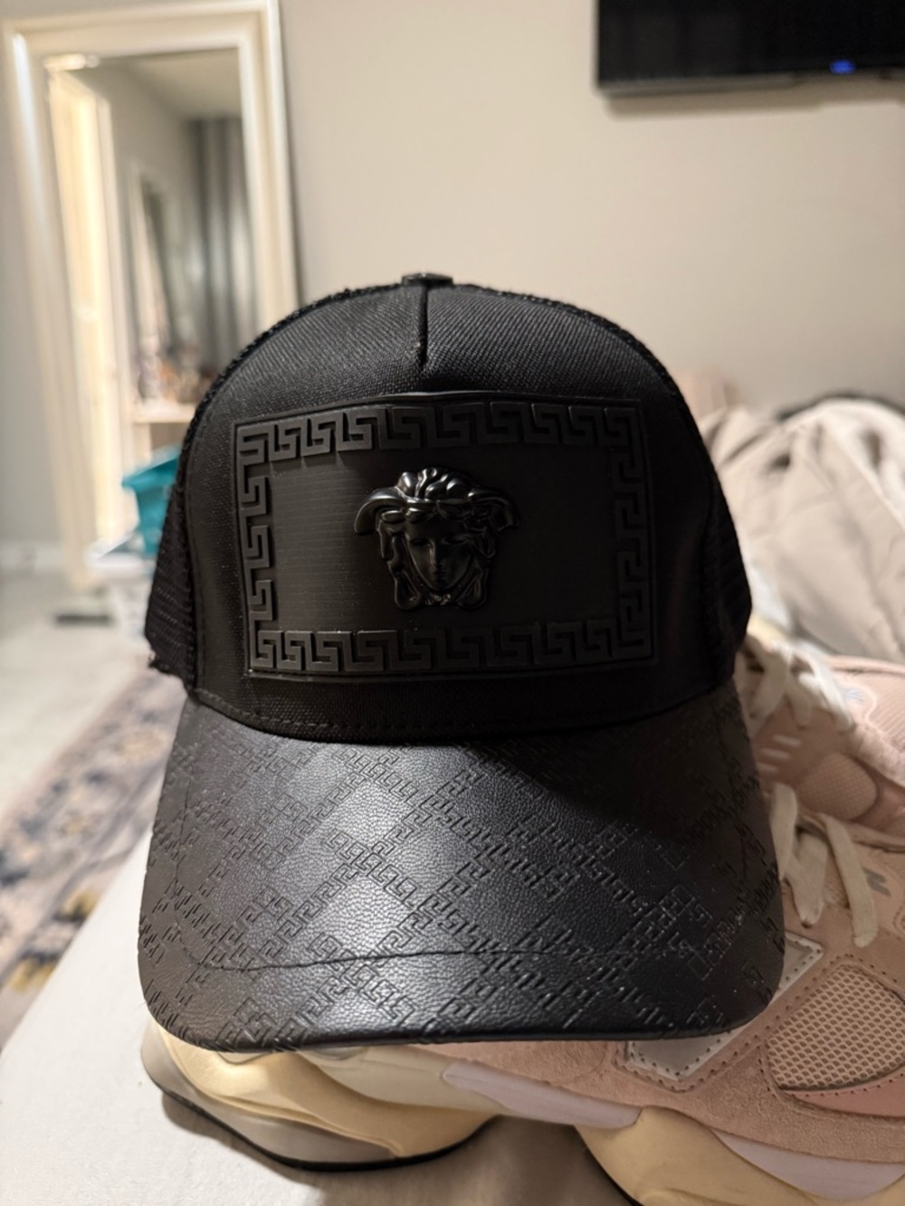Versace Black Textured Medusa Patch Cap